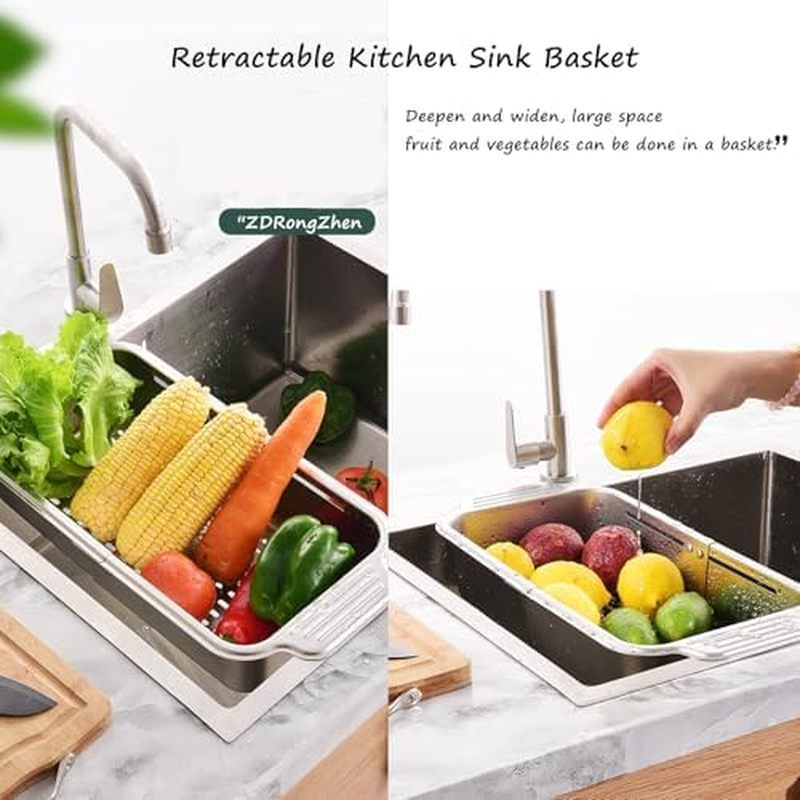 ZDRongZhen Kitchen Supply-Over the Sink Colander Strainer Basket Stainless Steel Retractable Kitchen