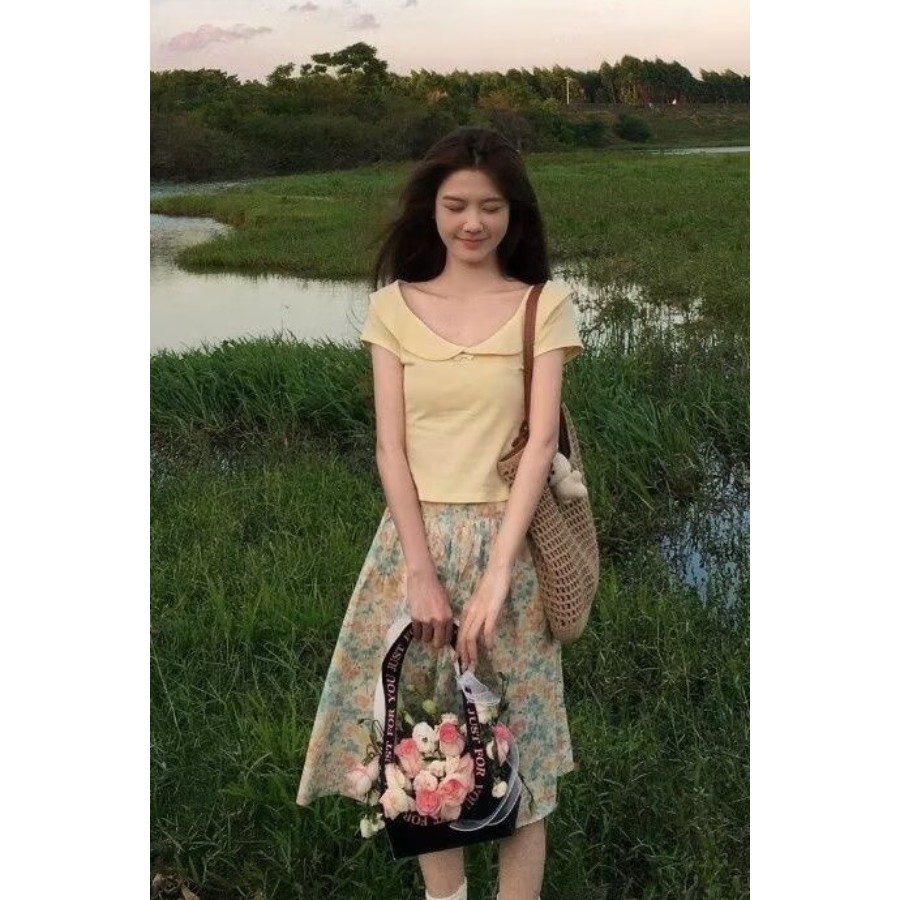 Áo sơ mi phong cách Hàn Quốc Áo sơ mi phong cách Preppy Áo sơ mi màu trơn Cổ búp bê Áo sơ mi ngắn ta