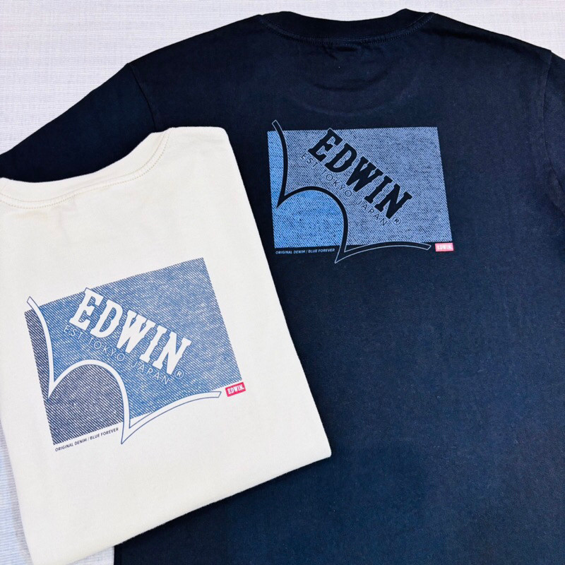 OFF WHITE EDWIN Denim Họa Tiết Logo In Tắt Trắng Hải Quân Áo Thun Nữ Tay Ngắn 100% Cotton Cao Cấp 5.