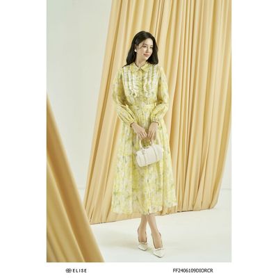 Đầm tơ nhăn hoa nền kem ngực phủ bèo thiết kế Elise FF2406109DIORCR