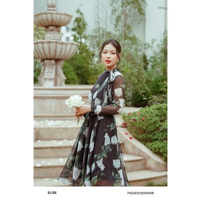 Đầm voan đen hoa nơ cổ thiết kế Elise FW2207019DIWOPB