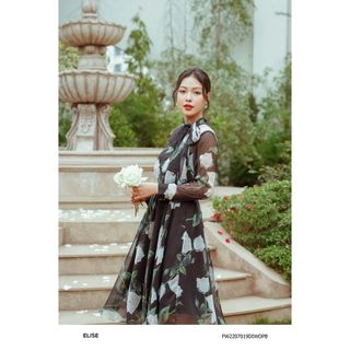 Đầm voan đen hoa nơ cổ thiết kế Elise FW2207019DIWOPB