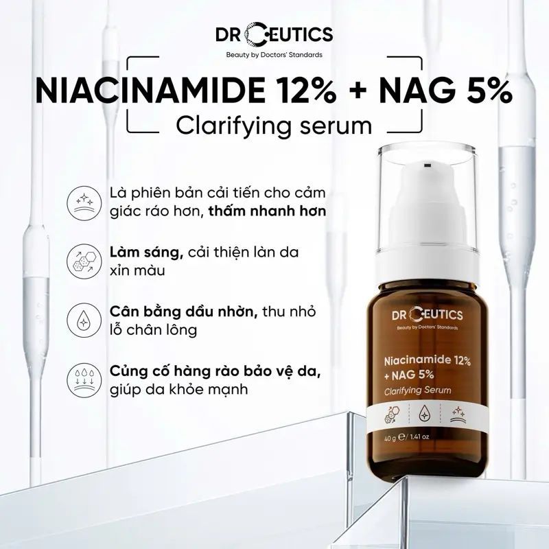 Serum Sáng Da Kiềm Dầu Se Khít Lỗ Chân Lông Drceutics Niacinamide 12% + NAG 5%  40g