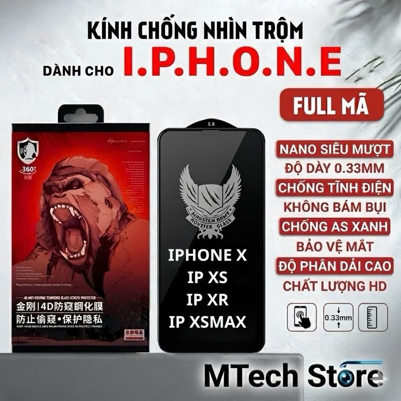Kính chống nhìn trộm iPhone Full Keo | Chống xước 9H | Nano chống vân tay | Full màn | iPhone X XS X