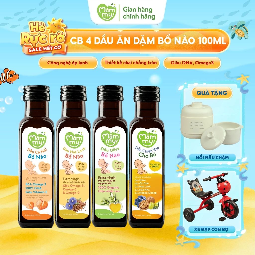 Combo 4 Dầu Ăn Dặm Cho Bé 6 tháng dầu bổ não Mămmy Cá hồi, Hạt lanh, Olive, Chiên xào chai 100ML