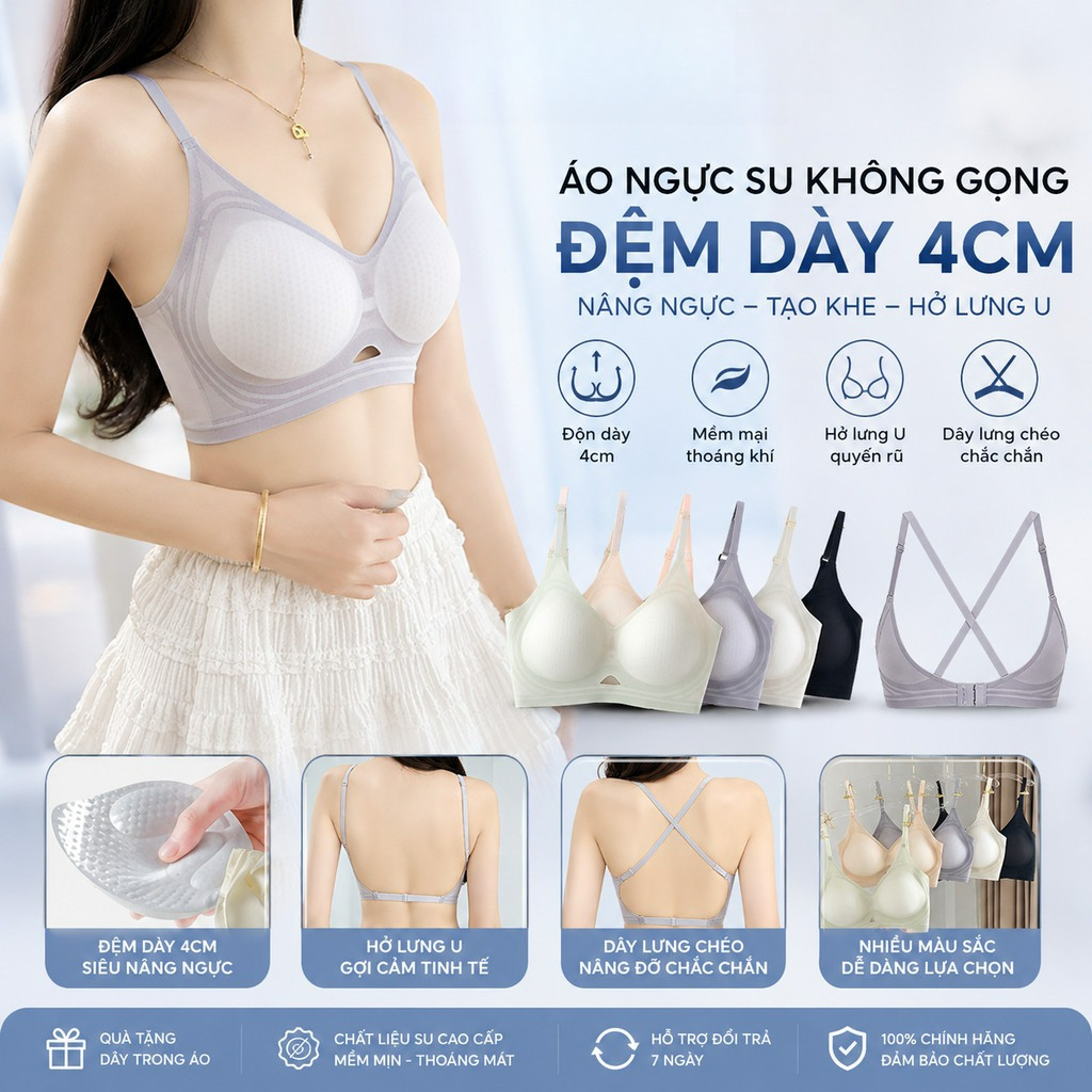 Áo Ngực Su Không Gọng Đệm Dày 4cm Nâng Ngực Tạo Khe Hở Lưng Gợi Cảm EvaBra 9736