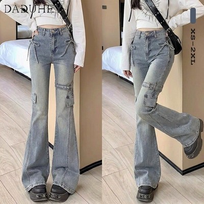 DaDuHey American Retro Flared Jeans Women High Waist Slim-fit Bow Design Stretch Boot Pants