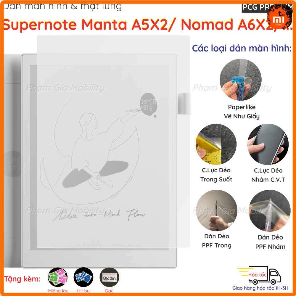 Dán màn hình dành cho máy đọc sách, ghi chú Supernote Manta A5X2/ Nomad A6X2 loại PaperLike, PPF, Na