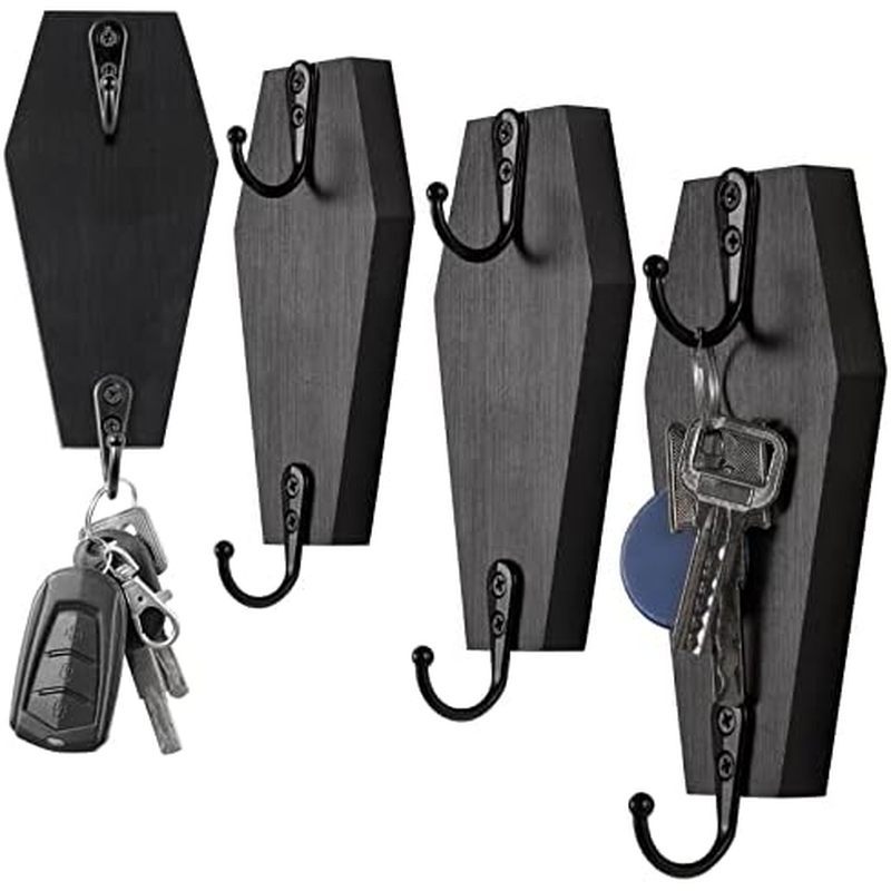 4 Pieces Coffin Wall Hook for Keys - Spooky Gothic Home Decor for Wall - Rustic Black Wooden Hanger 