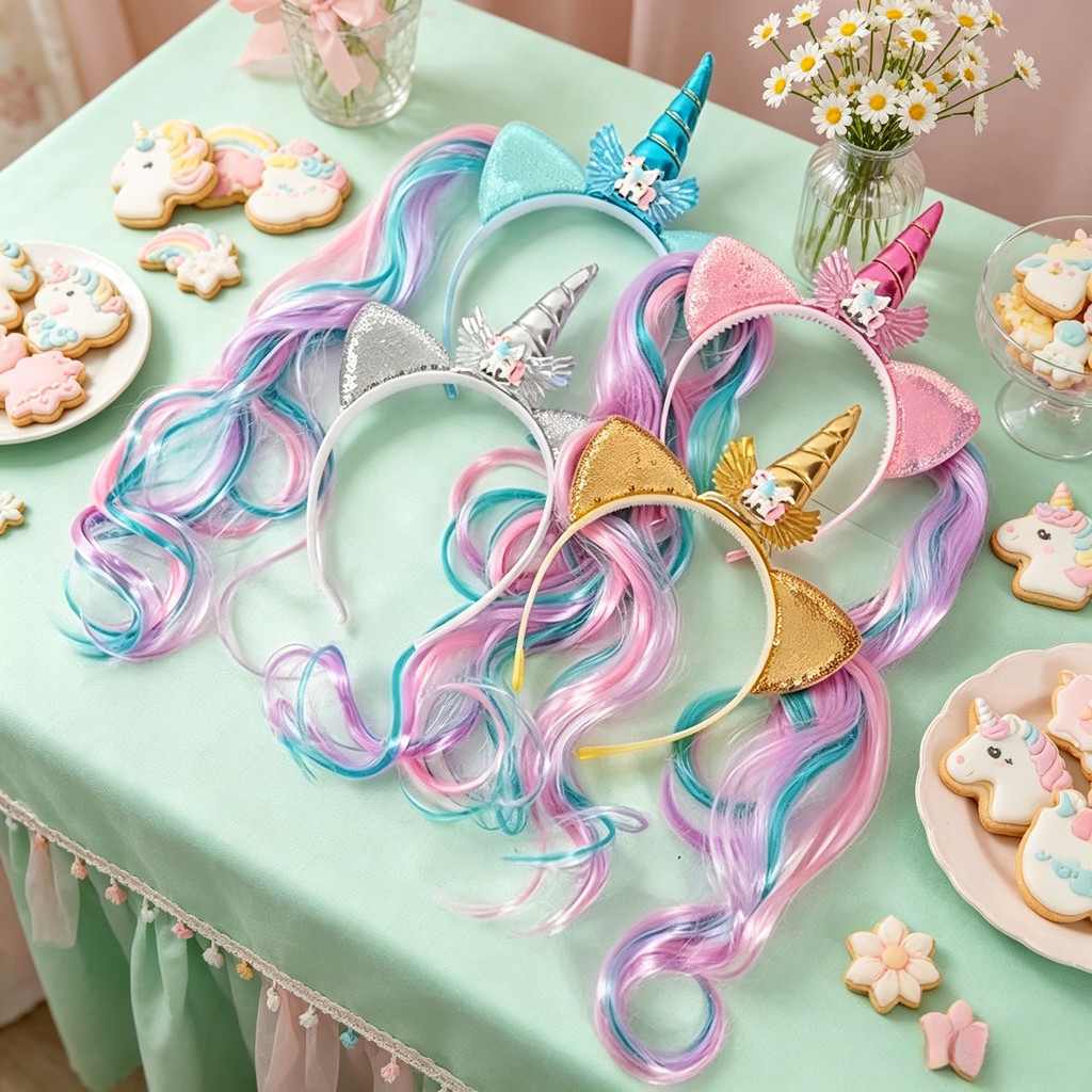 Kids Glitter Unicorn Costume Headband With Multicolor Gradient Curly Wig Hair Angel Wings For Girl B