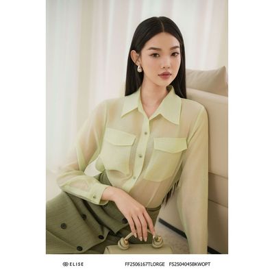 Áo sơ mi tơ xanh cổ đức túi hộp thiết kế Elise mã FF2506167TLORGE