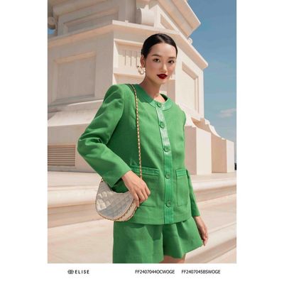 Áo khoác tweed xanh lá KT phối da thiết kế Elise FF2407044OCWOGE
