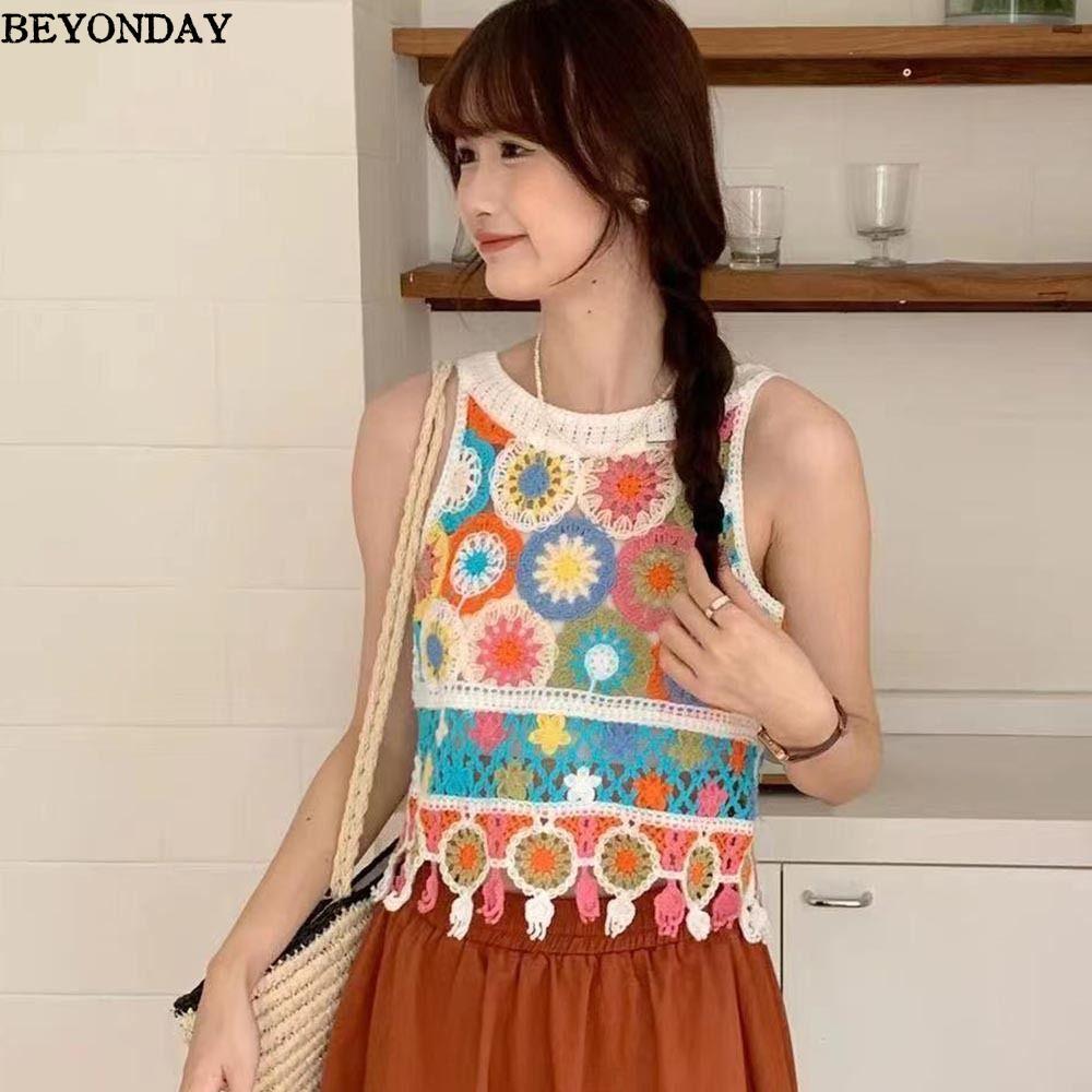 Áo Crop Top nữ BEYONDAY style boho với tua rua móc, cổ chữ O