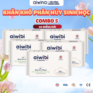 [Combo 5] Khăn Khô Aiwibi Phân Hủy Sinh Học 100% Làm Sạch Nhẹ nhàng, An Toàn Cho Da Nhạy Cảm (60 Miếng)