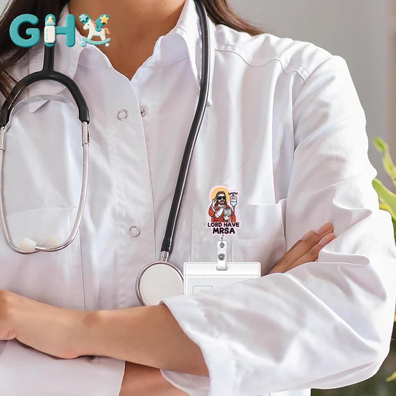 GHX Lord Have MRSA Funny Nurse Badge Reel, Hộp đựng huy hiệu y tế ID có thể thu vào dễ thương, Thẻ t