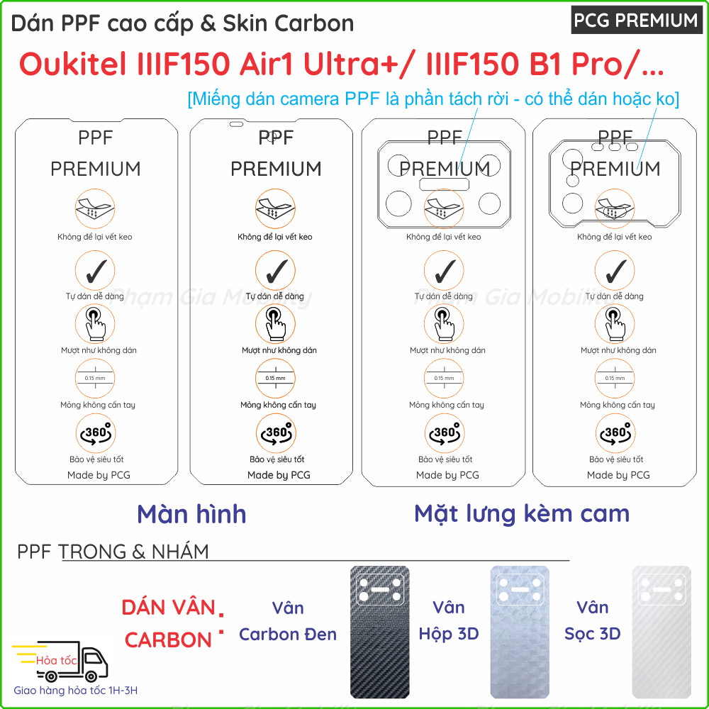 Dán PPF & Skin Carbon cho Oukitel IIIF150 B1 Pro/ Air1 Air 1 Ultra Plus loại trong nhám cho màn hình