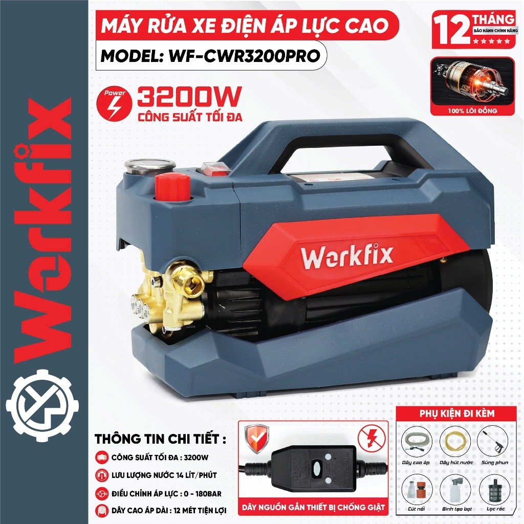 Máy rửa xe cao áp WORKFIX WF-PW3200W, Công suất mạnh mẽ: 3200W, Có công tắc chống giật.