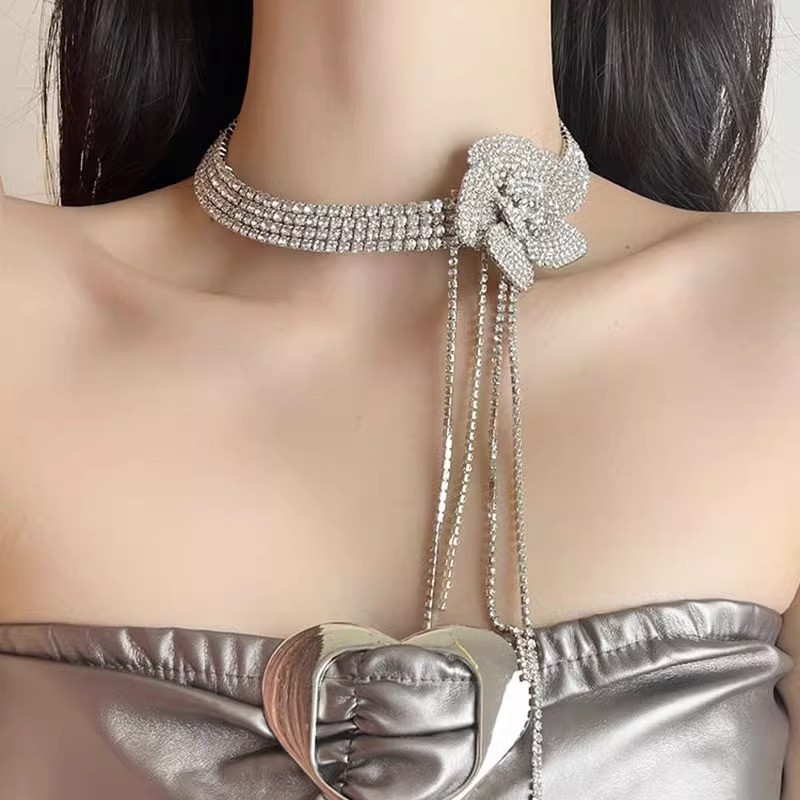 Full-diamond floral tassel choker, high-end necklace, bridal wedding dress, evening party accessory