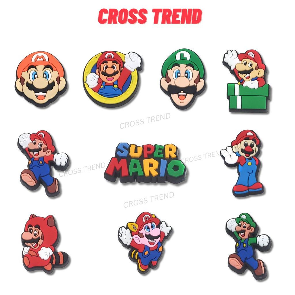 Set charm gắn dép cross MARIO, Nút gắn sticker dép cross trang trí cham 2D hoạt hình CROSS TREND