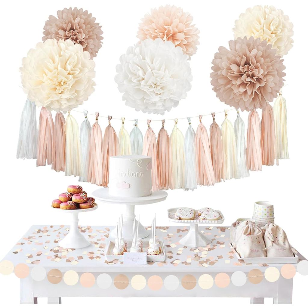 NICROHOME EUR Boho Đồ trang trí, 28 CHIẾC Giấy trắng kem trung tính mộc mạc Pom Poms Tua rua, Chấm g