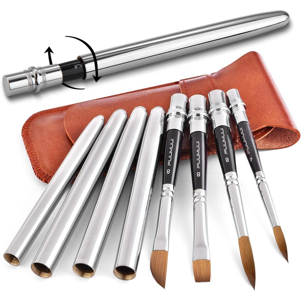 Bàn chải màu nước du lịch Sable, Fuumuui 4 cọ du lịch màu nước Kolinsky Sable có túi da - Fine Point