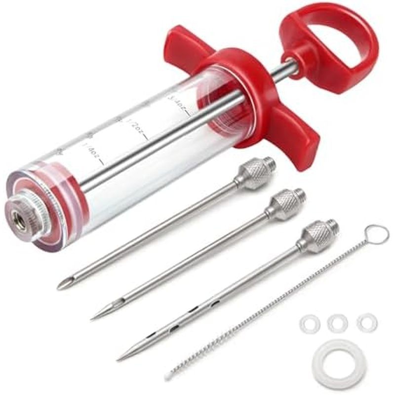 Meat Injector, 1-oz Plastic BBQ Marinade Injector Kit, Turkey Injector Syringe (3 Stainless Steel Me