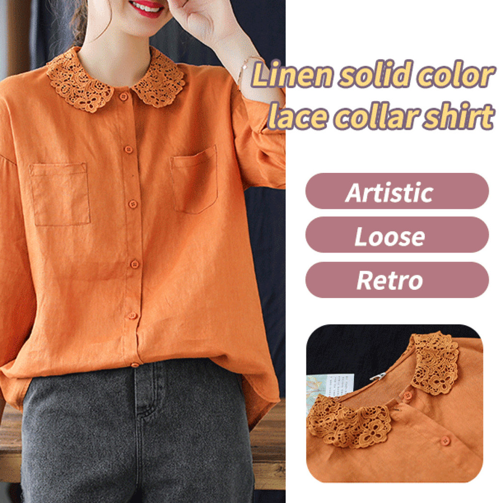 【Retro Style】Áo sơ mi nữ dáng rộng, phong cách nghệ thuật retro, chất liệu cotton lanh, cổ ren hoa/A