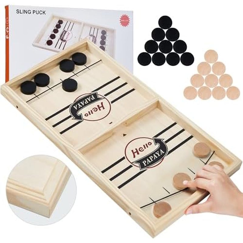 HELLO PAPAYA Fast Sling Puck Game - Test Your Speed and Accuracy with This Fast-Paced Wooden Air Hoc
