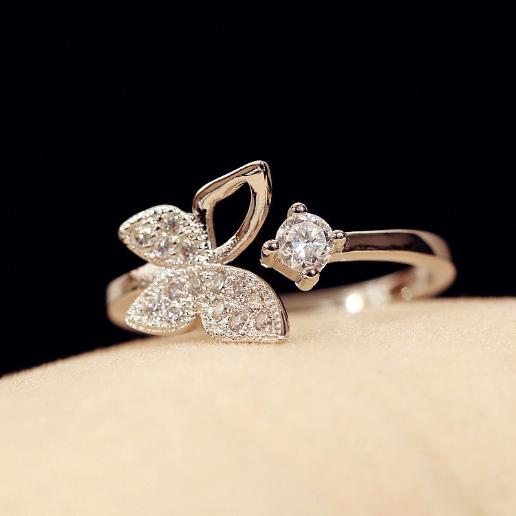 【Ready Stock】 Openning Silver Ring Butterfly Diamond-Studded Ring Women's Sterling Silver Ornament s