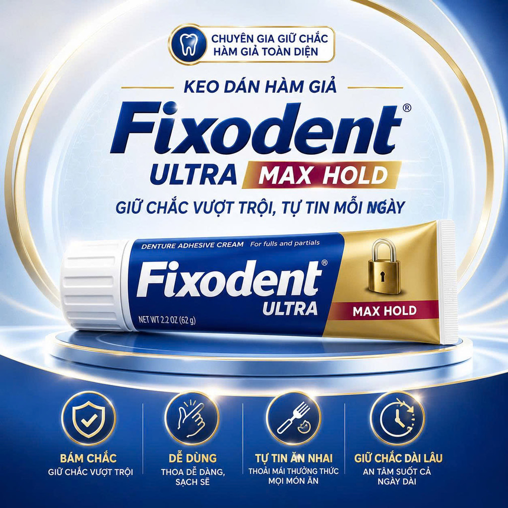 Kem Dán Hàm Fixodent Ultra Max Hold - 1 Tuýp 62g - Công Nghệ Max Hold Mỹ