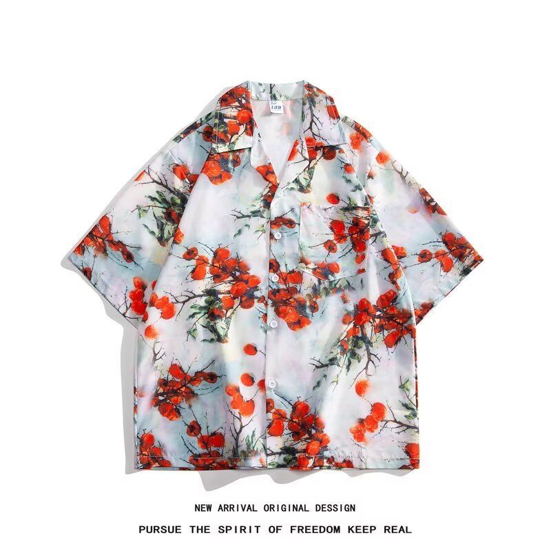 Phong Cách Hồng Kông Mùa Hè Tay Ngắn Hoa Áo Sơ Mi Nam Nữ Retro Ruffian Đẹp Trai Hawaii Đi Biển Cặp Đ