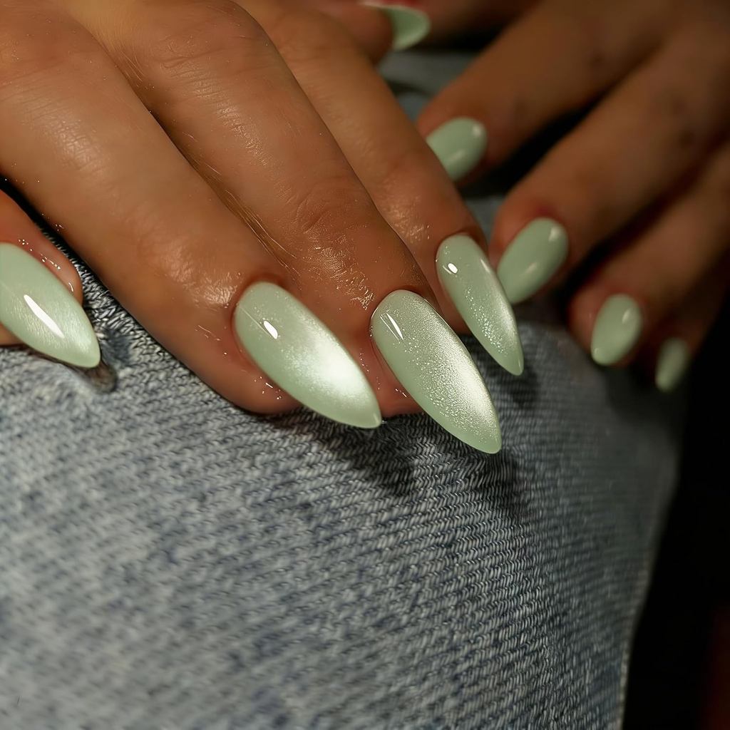 Cat Eye Press on Nails Almond - Matcha Green Press On Nails Stiletto, Móng tay giả vừa tráng men với