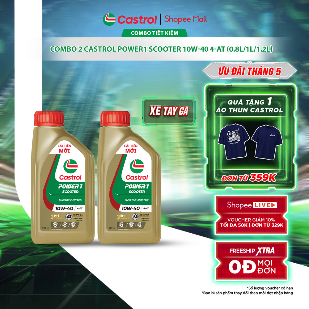 [BST Bác tài công nghệ] COMBO 2 Dầu nhớt xe tay ga Castrol POWER1 SCOOTER 10W-40 4-AT (0.8L/1L/1.2L)