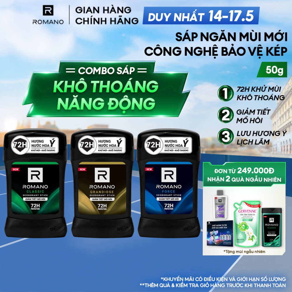 Sáp ngăn mùi cho nam Romano 50g - Khử mùi 72H, lưu hương Ý dài lâu