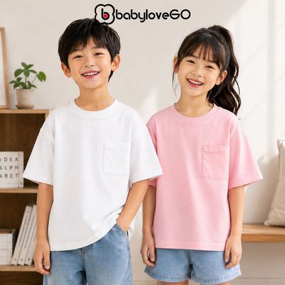 Áo thun cho bé BabyloveGO áo thun tay lỡ có túi ngực basic chất liệu cotton sợi thoáng mát cho bé trai bé gái từ 10-45kg