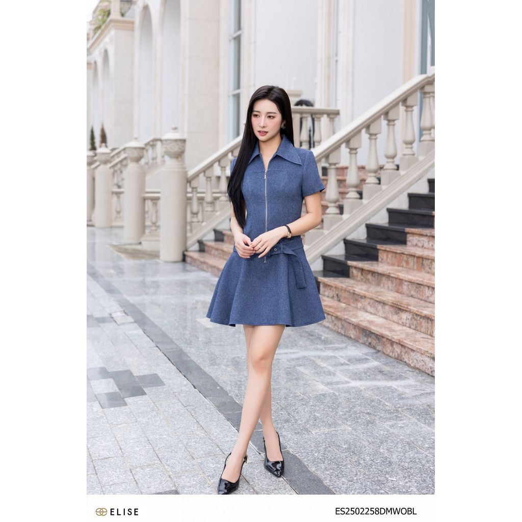 Đầm vân sợi xanh denim đai eo thiết kế Elise ES2502258DMWOBL
