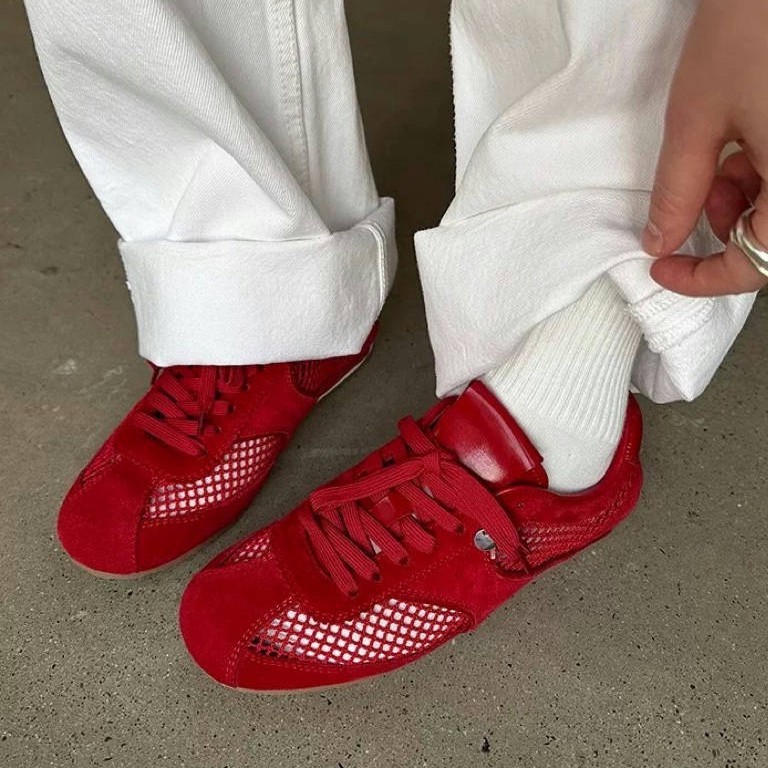 Cowhide Version~Mesh hollow-out red casual shoes for women, spring style lace-up sneakers, Forrest G