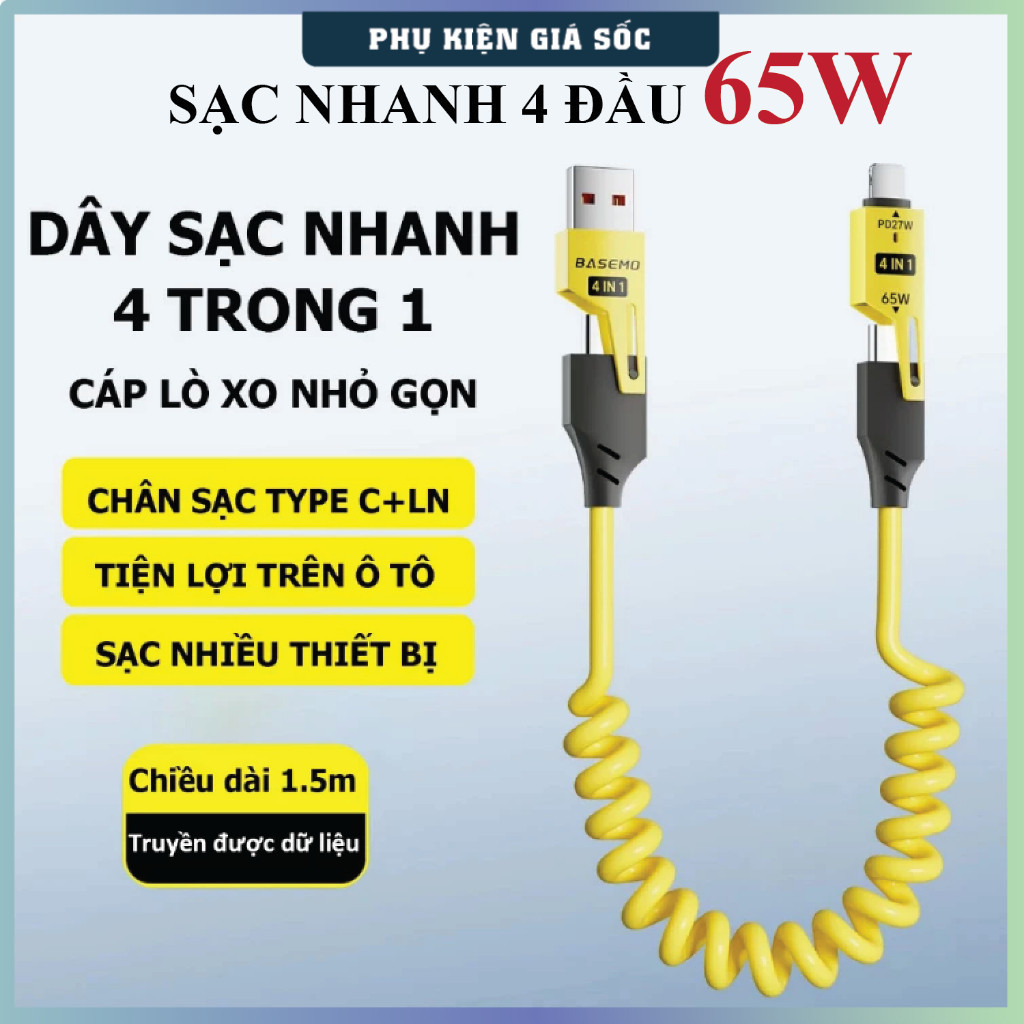 Cáp sạc 4in1. Cáp sạc nhanh 65W. Đầu cáp kim loại. chống gẫy - Dây sạc 4 trong 1. Dây sạc 3in1