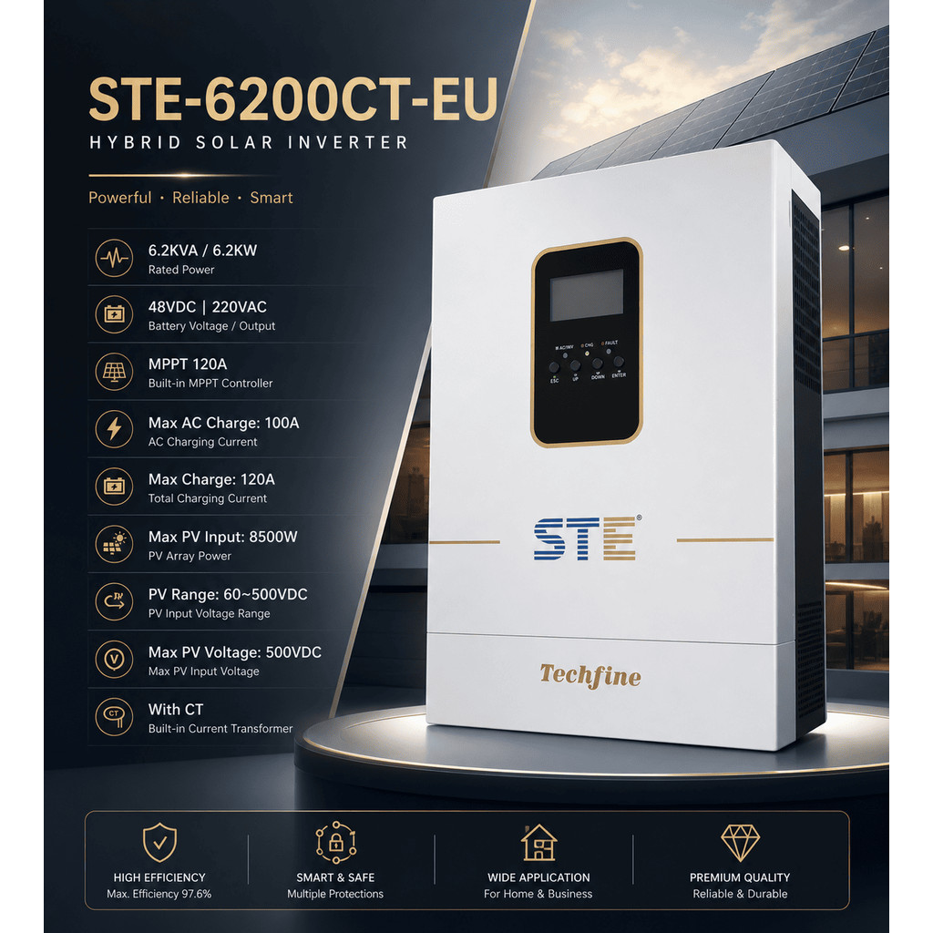 BIẾN TẦN STE TECHFINE 6KW - HỆ 48V | HÒA LƯỚI, BÁM TẢI, CÓ LƯU TRỮ - CÓ CT NGOÀI - HÀNG CHÍNH HÃNG, 