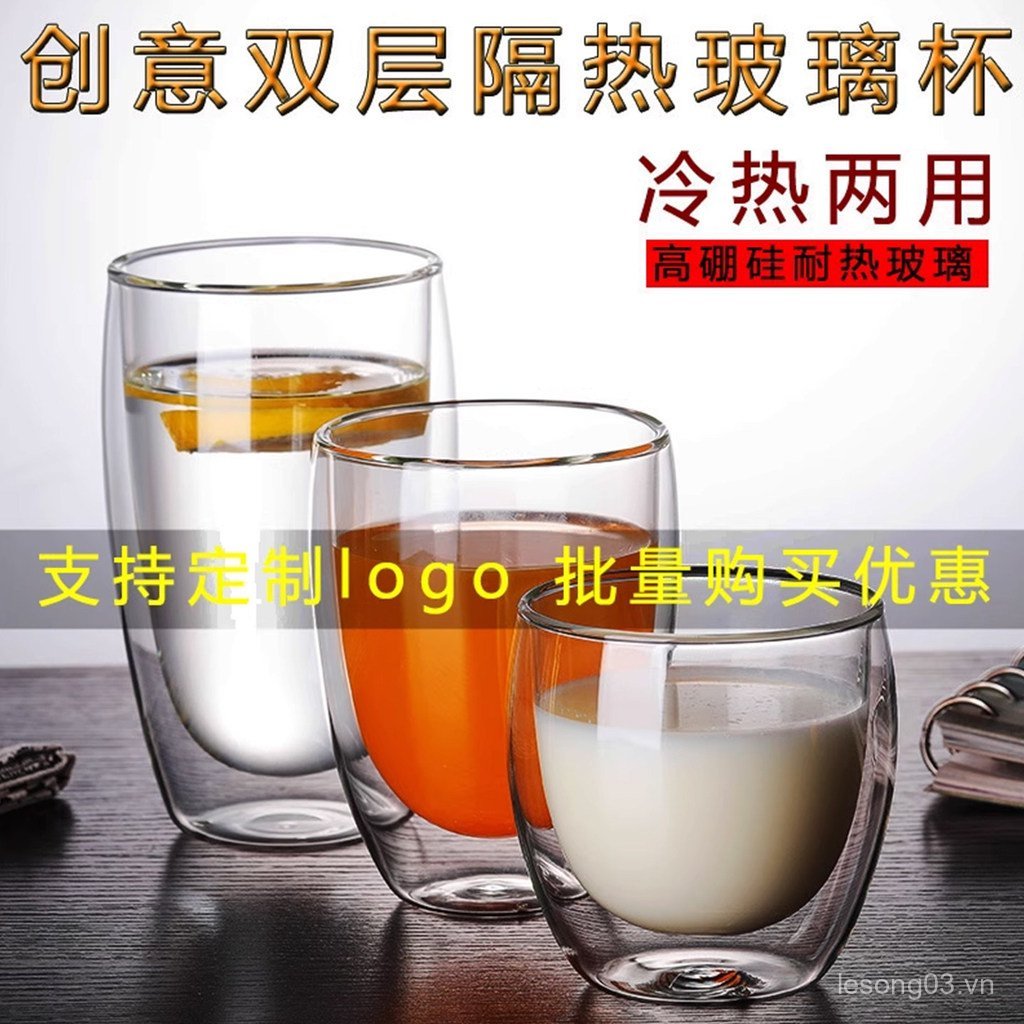Cốc nước thủy tinh trong suốt đôi Hekou Cốc trà hoa chịu nhiệt sáng tạo Cốc chịu nhiệt Cốc uống lạnh