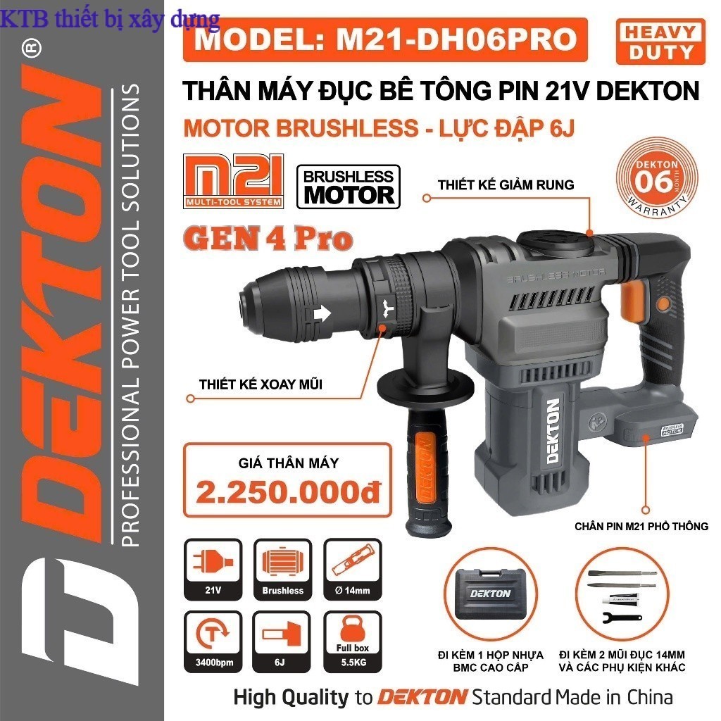 Máy Đục Bê Tông Pin 21V DEKTON M21-DH06PRO Gen 4 Lực Đập 6J- dekton ktb xây dựng