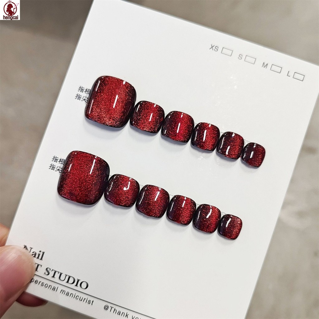 Wine Red Cat Eye Toe Nails 10 chiếc Handmade Press On Fake Nail Art
