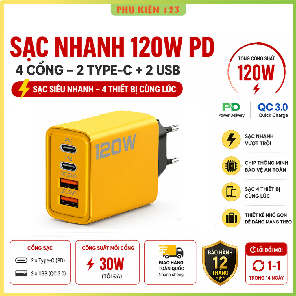 Cốc sạc 4 cổng, 120W gồm: 2 cổng Type C + 2 cổng USB – Bộ sạc nhanh 4 đầu - Củ sạc 120W