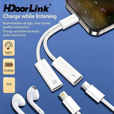 Bộ chuyển đổi tai nghe HdoorLink 2in1 Type C USB C Nam sang USB C + IOS Nữ Bộ chuyển đổi âm thanh Loại C Cáp sạc 60W