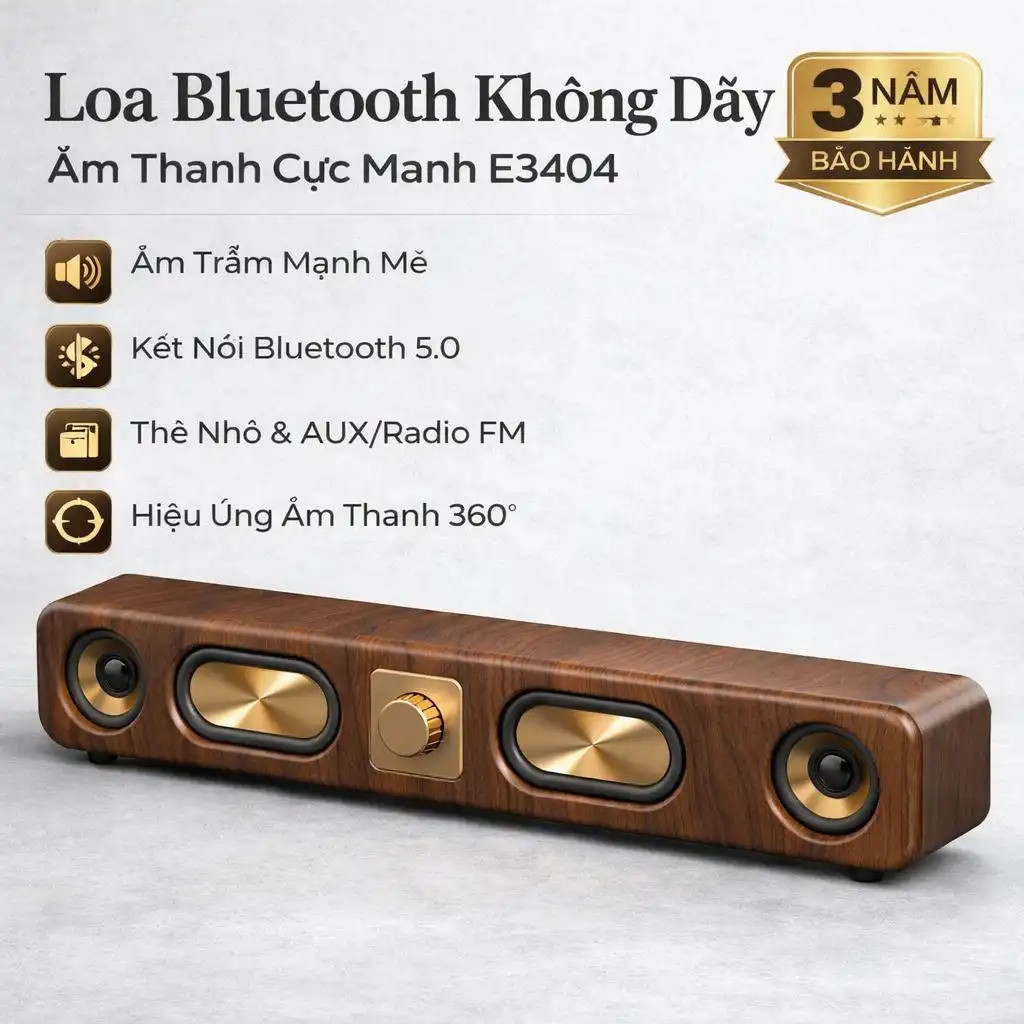 Loa Bluetooth loa không dây loa để bàn loa gỗ loa thanh loa radio loa thẻ nhớ model E3404 âm bass mạ