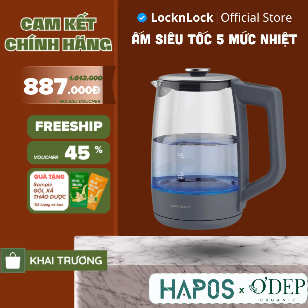 Ấm đun siêu tốc 5 mức nhiệt LocknLock Smart Glow Glass Electric Kettle 1.7L EJK276GRY - HAPOS LOF
