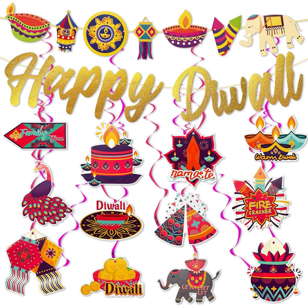 Happy Diwali Treo Swirls Trang Trí Lễ Hội Ánh Sáng Biểu Ngữ Đảng Trang Trí Đồ Dùng Tiệc Happy Diwali