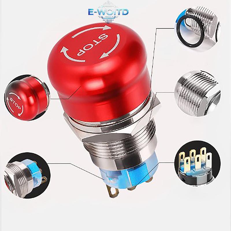 E-WOITD 16mm 19mm 22mm Nút kim loại dừng khẩn cấp Đầu nấm Nút nhấn Công tắc dừng 1NO1NC 2NO2NC Công 