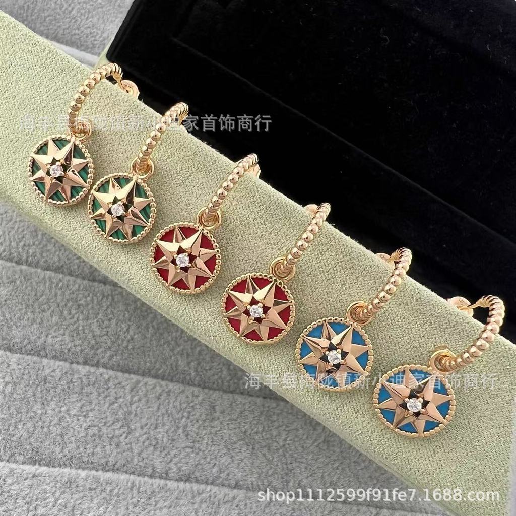 Compass eight-pointed star white shell stud earrings with French elegance925Silver pin earrings