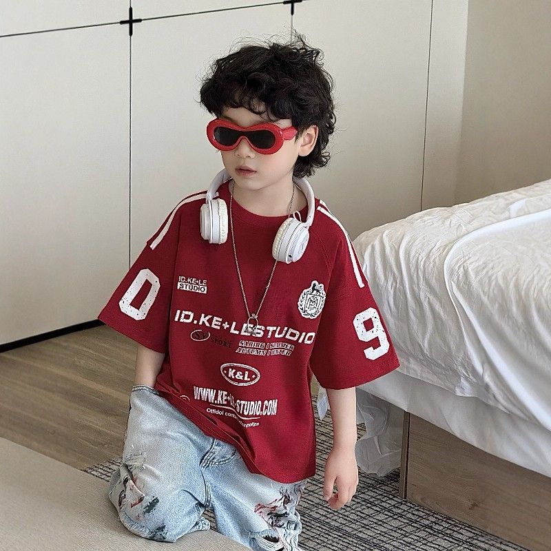 Áo thun ngắn tay màu đỏ cho bé trai Áo thun Cotton nguyên chất hàng đầu hợp thời trang Cool Fried St